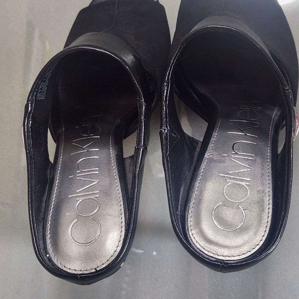 Calvin Klein Black Open Toe Mule Heels Womens Size 9.5 Suede Stiletto - Picture 5 of 9